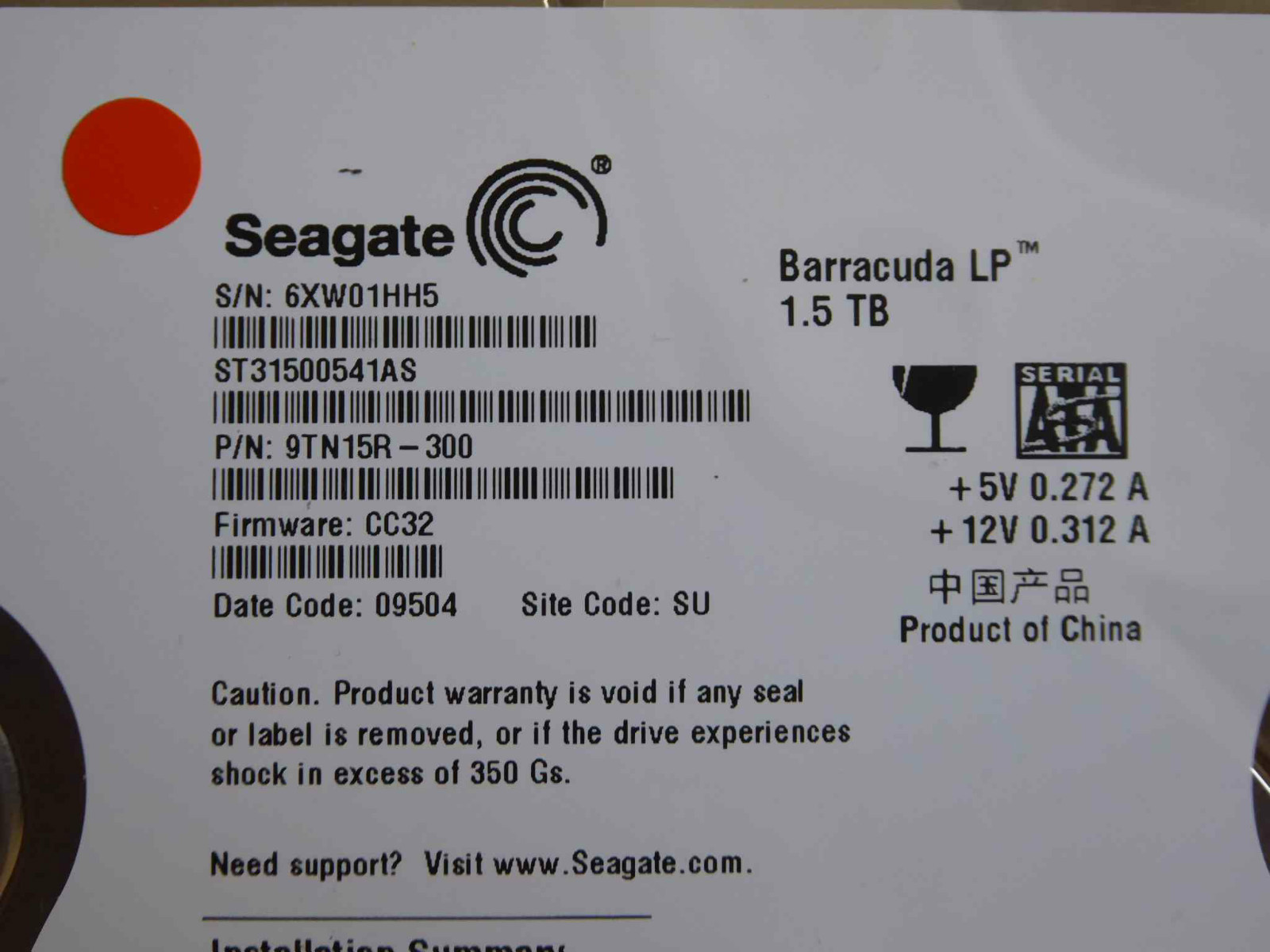 1.5TB Seagate ST31500541AS / 9TN15R-300 / CC32 / SU / 100535537 REV A - HD #1