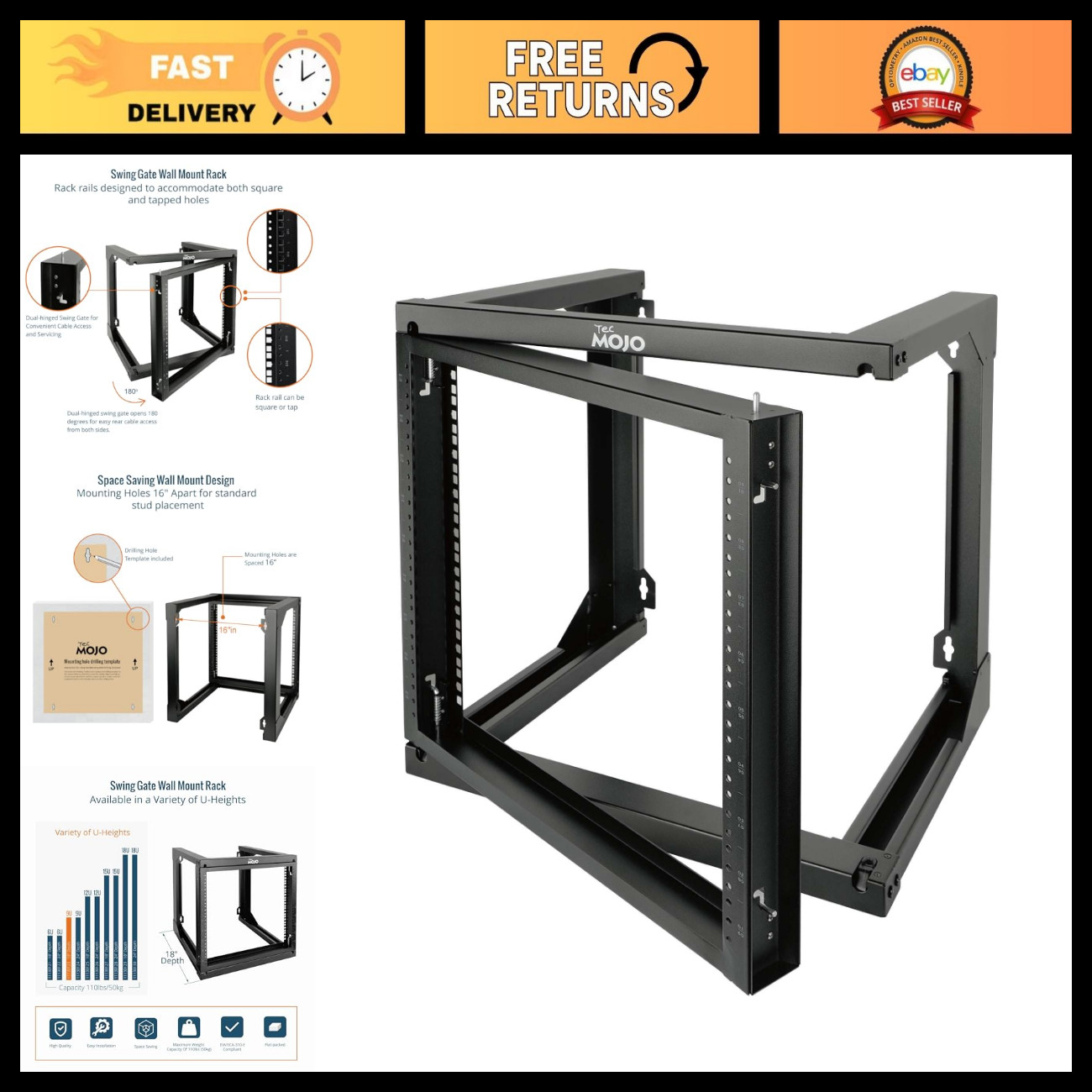 9U Wall Mount Server Rack - Open Frame Network Rack for 19" AV/Data/IT Equipment
