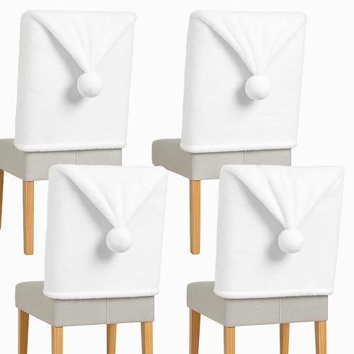  Christmas Chair Covers Set of 4 White Faux Fur Santa Claus Hat Chair Back 