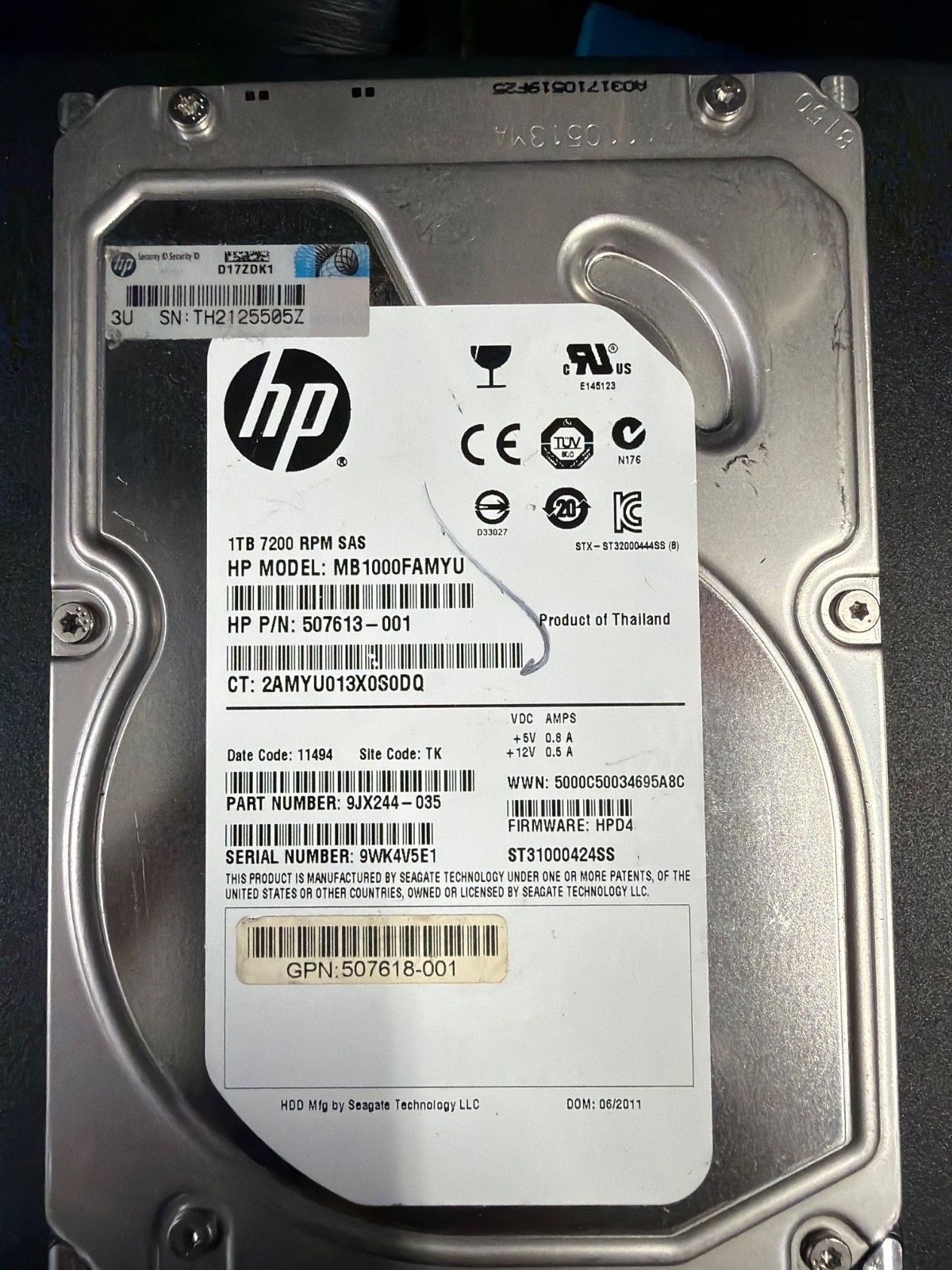 HP 649327-001 507618-001 MB1000FBZPL 1TB 7.2K RPM 16MB 6Gbps 512 SAS 3.5" HDD