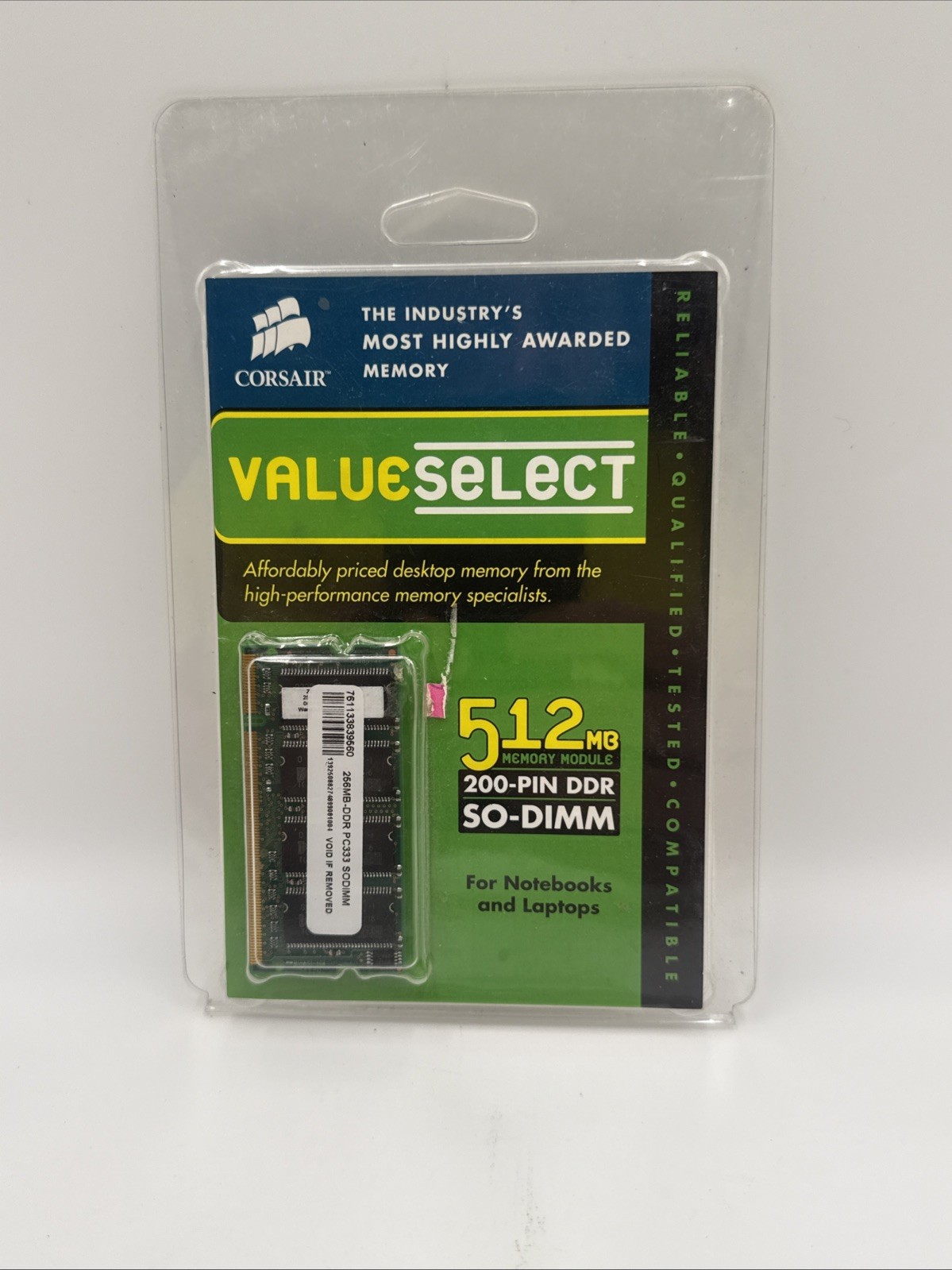Laptop Memory 512MB DDR 200-Pin SO-DIMM Module Corsair ValueSelect VS512SDS333”.