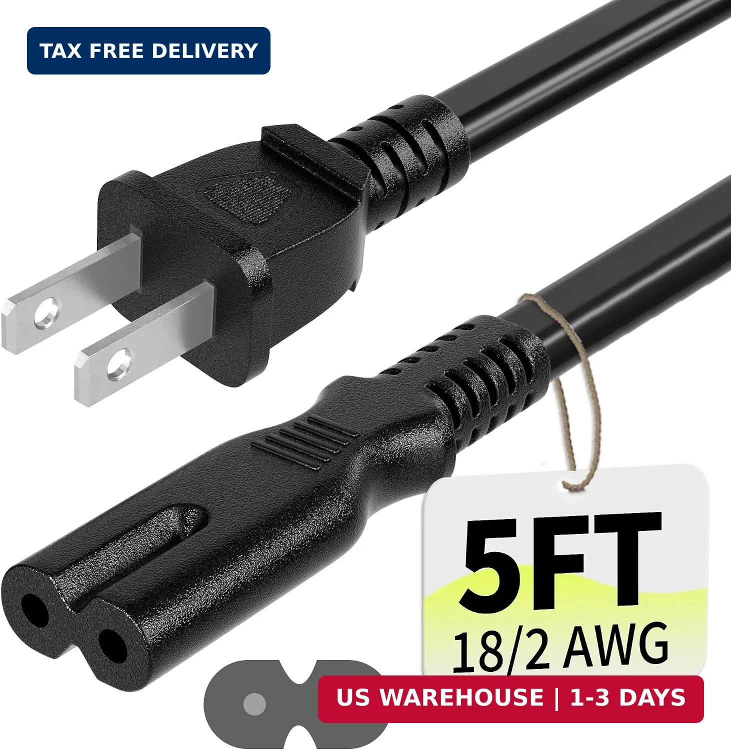 2 Prong AC Power Cord 5Ft Black, Universal Power Cable Replacement for Sony PS5/