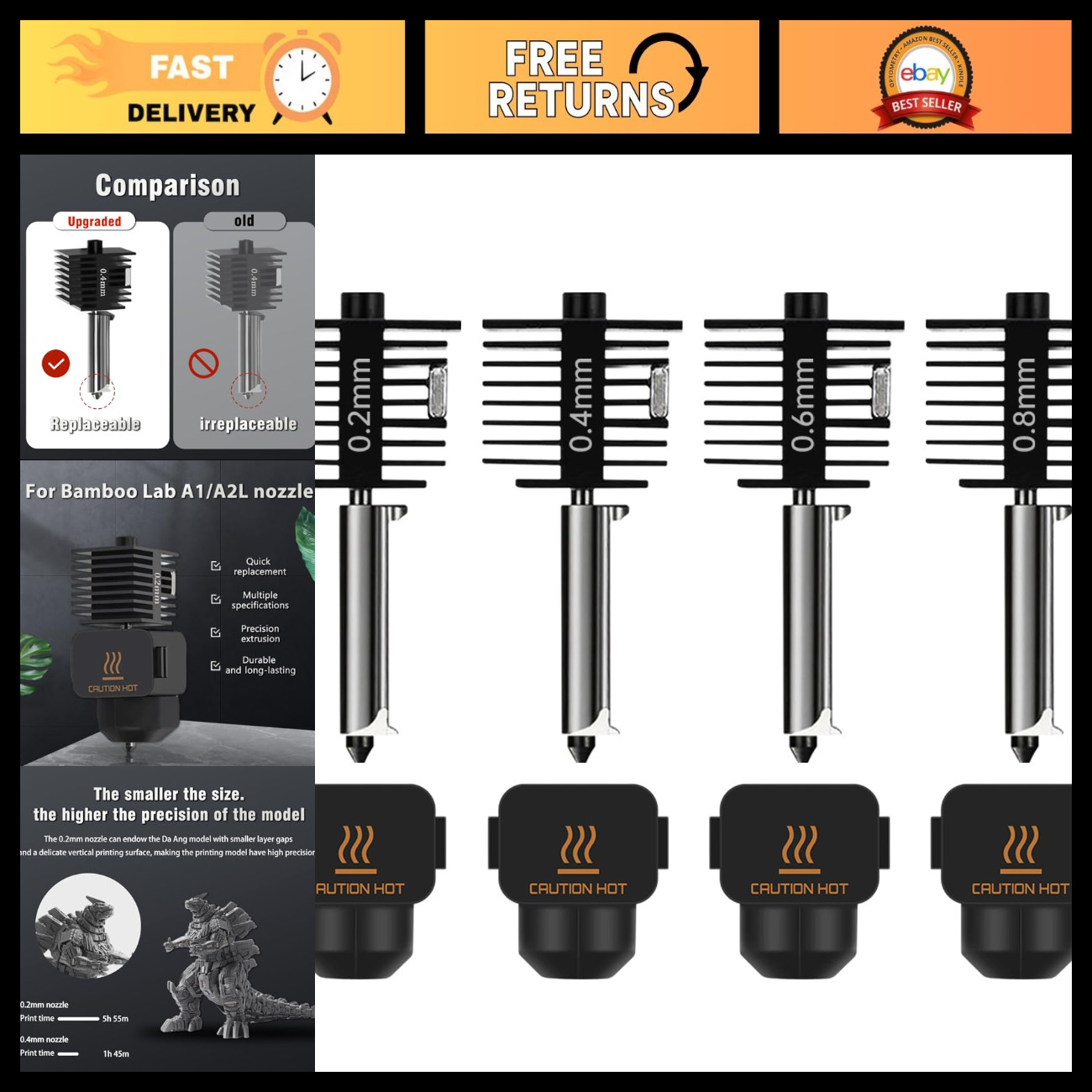 4-Pack Bamboo A1 Mini/A1/A2L Hotend Kit, 0.2-0.8mm Hardened Steel Nozzles, 3D Pr