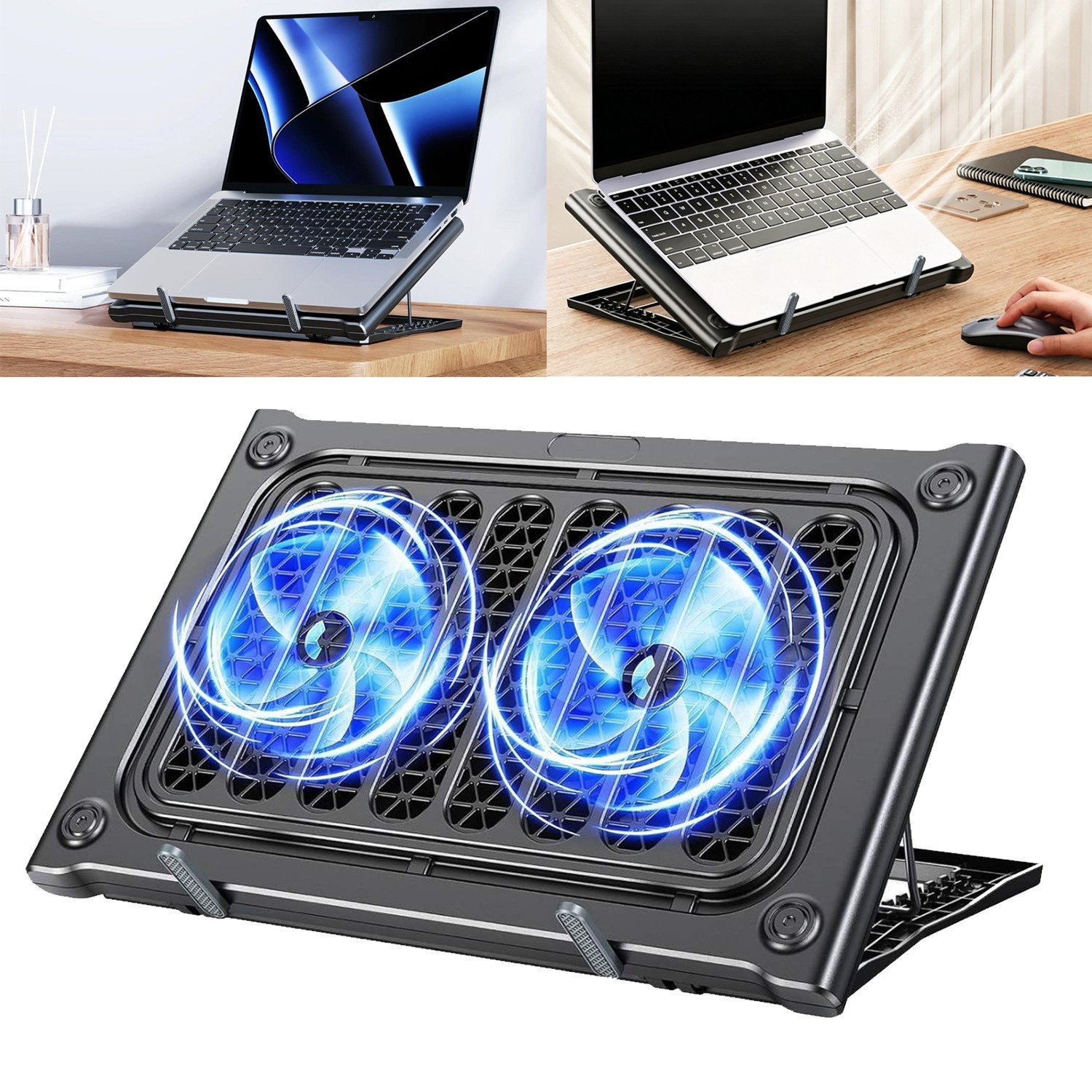 10-16 inch Laptop Cooling Pad Stands 6 Adjustable Height with 2 Silent USB Fans
