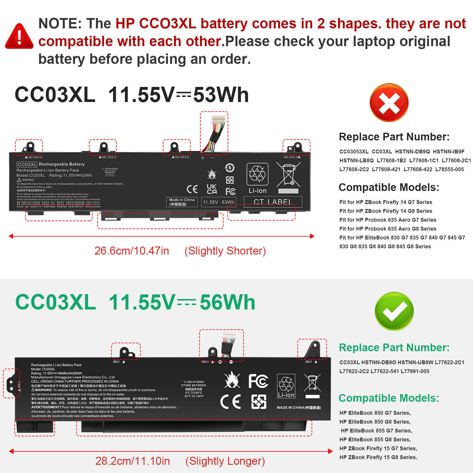 CC03XL Battery For HP ZBook Firefly 15 G7/G8 EliteBook 850 855 G7/G8 Series 56Wh