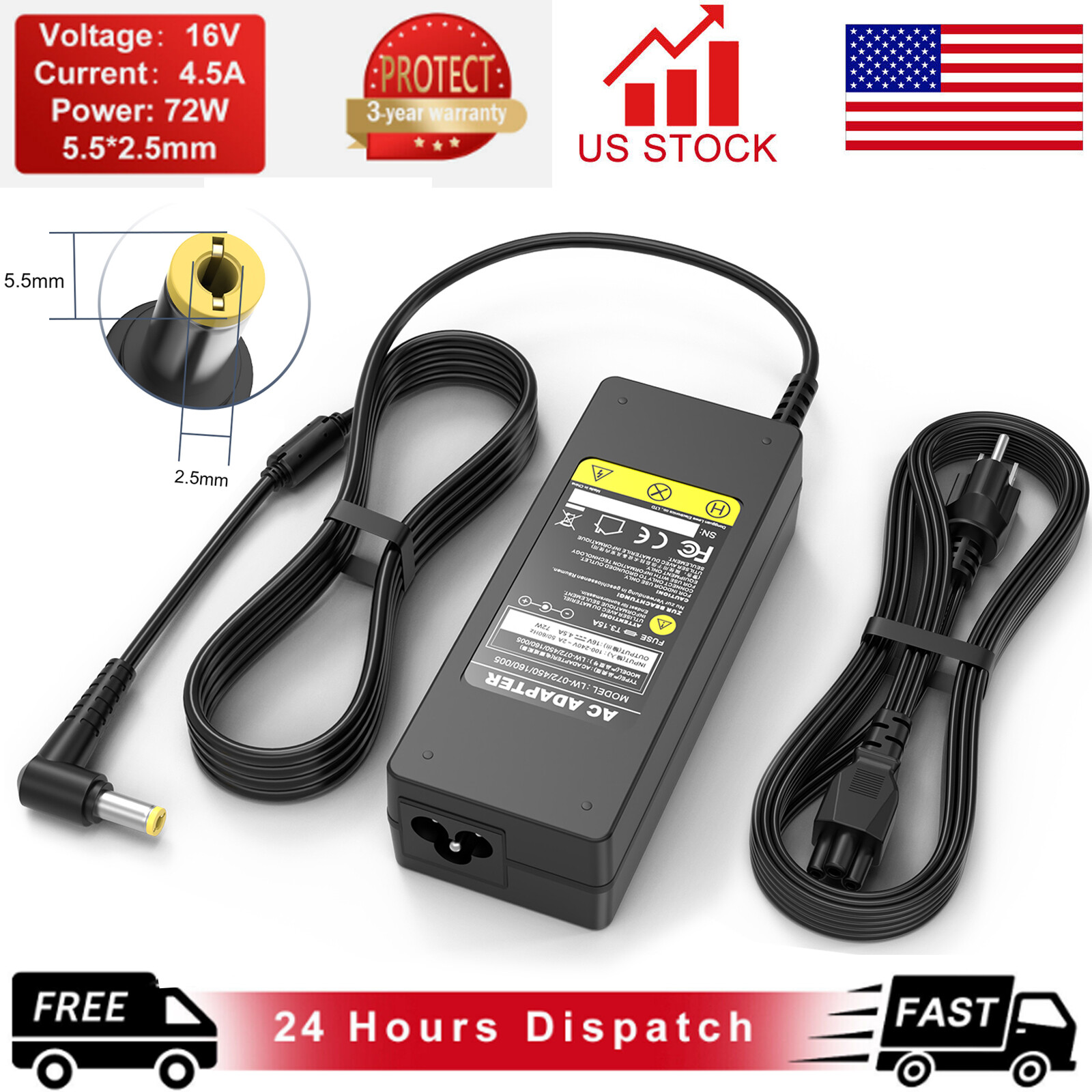 72W 16V 4.5A AC Adapter Charger Cord Power Supply For IBM Lenovo Acer 5.5*2.5mm
