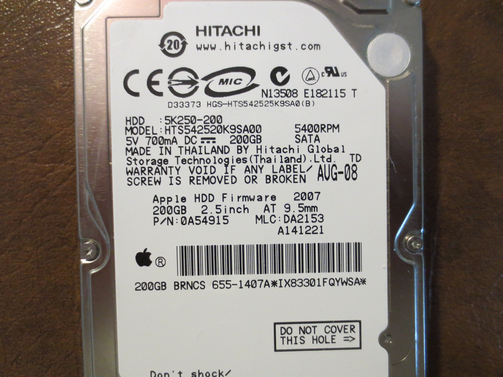 Hitachi HTS542520K9SA00 PN:0A54915 MLC:DA2153 Apple#655-1407A 200gb 2.5" Sata 