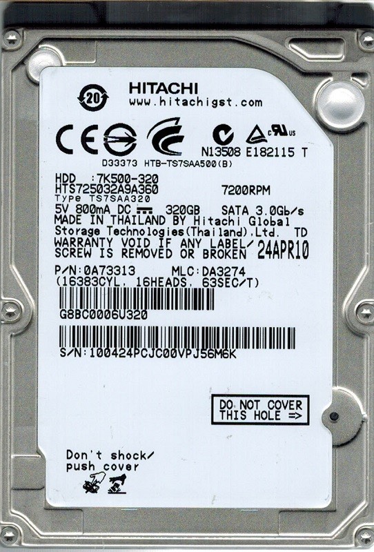 Hitachi HTS725032A9A360 MLC: DA3274 P/N: 0A73313 320GB