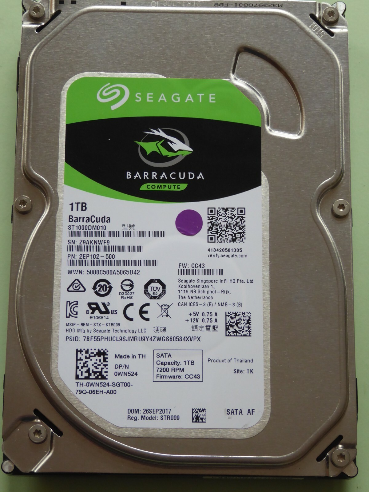 Seagate ST1000DM010 | Z9A | PN: 2EP102-500 | FW: CC43 | TK | 26SEP2017 | 1TB #03