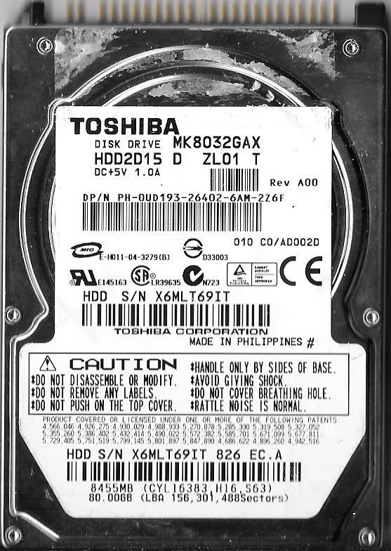 TOSHIBA MK8032GAX HDD2D15 D ZL01 T 80GB IDE HARD DRIVE  F/W: C0/AD002D