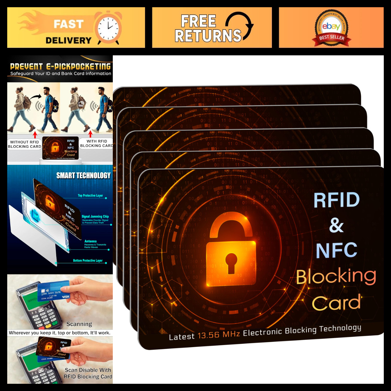 5 Pack RFID Blocking Credit Debit Card Sleeves - Orange & Black, Secure Protecti