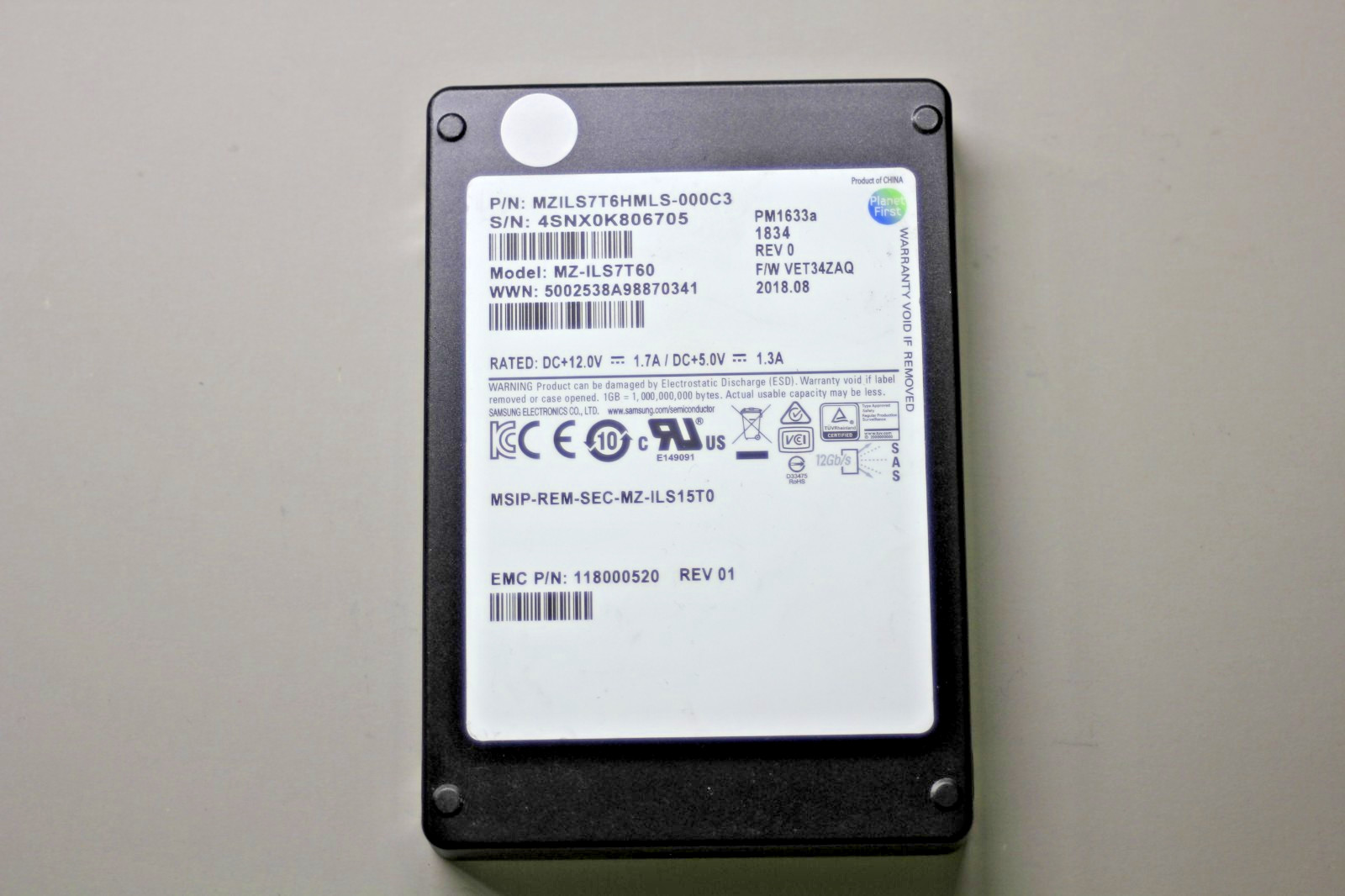 EMC Samsung PM1633a Series 7.68TB 12Gb/s SAS 2.5" SSD MZ-ILS7T60 100% Health
