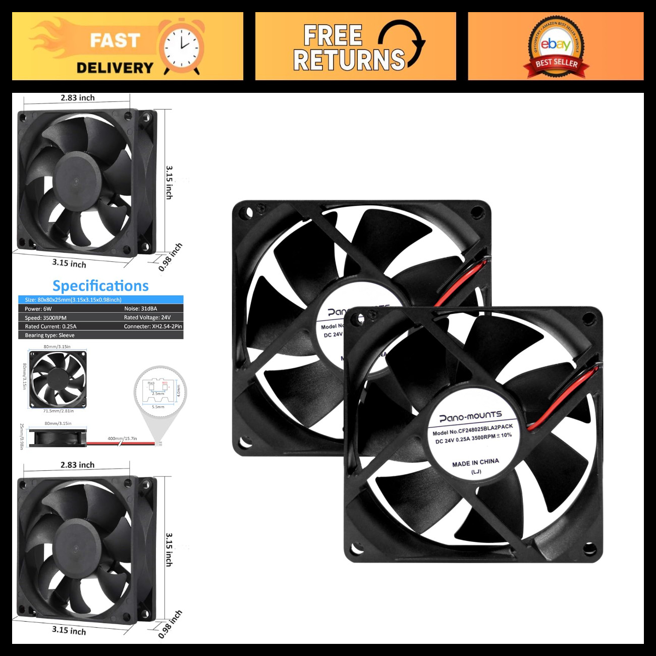 24V DC 80mm Muffin Cooling Fan 2-Pack, 3500RPM, 80x25mm Exhaust Fan for PC