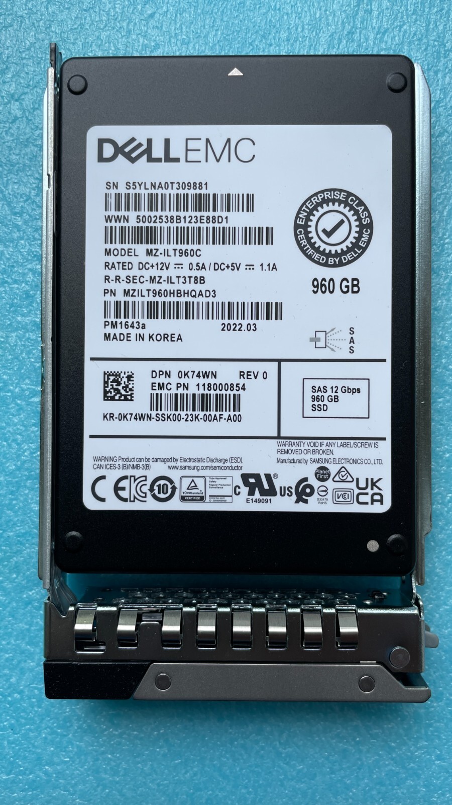 Dell EMC 960GB SAS 12Gb/s Enterprise SFF SSD- MZ-ILT960C  w/ Tray 0K74WN PM1643a