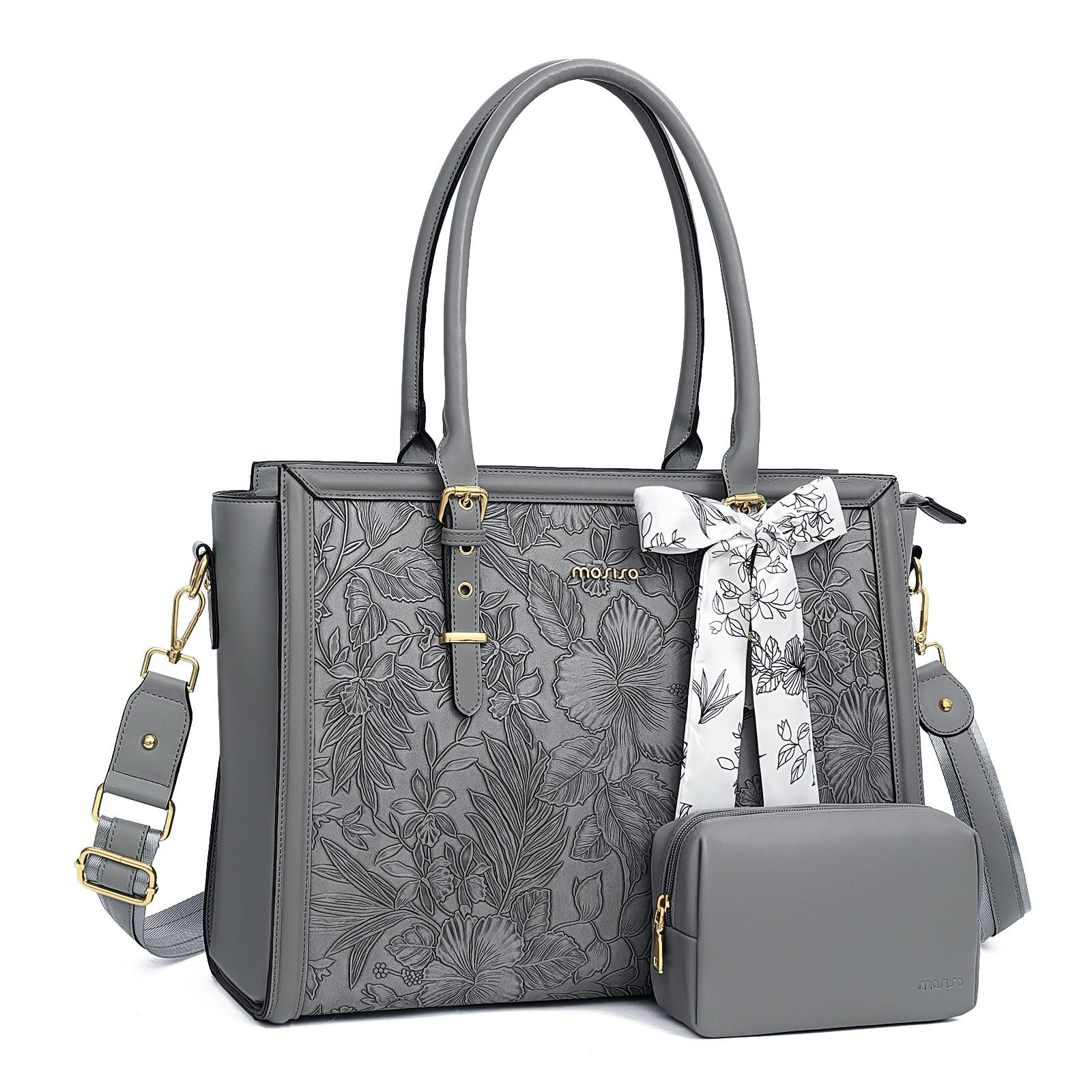 MOSISO Laptop Bag for Women, 17-17.3 inch PU Leather Tote 17.3 inch, Gray