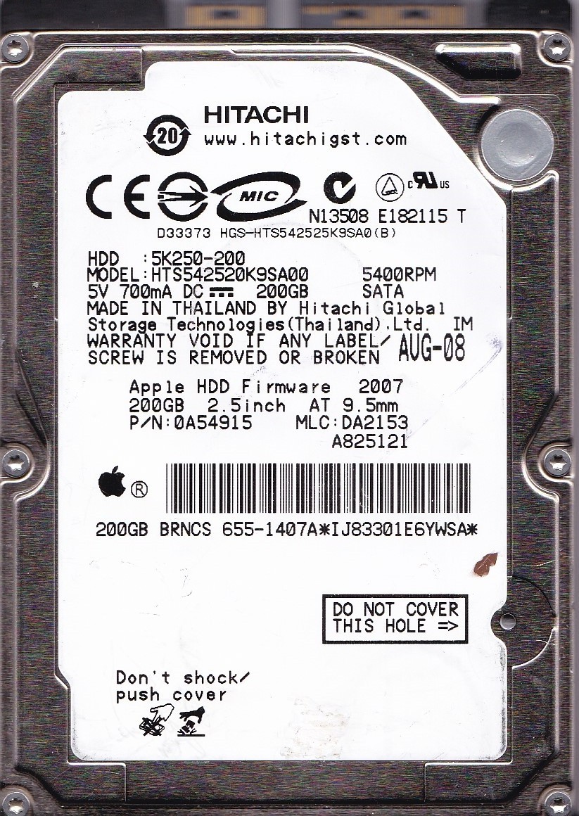 HTS542520K9SA00 pn: 0A54915 mlc: DA2153 Hitachi/ Apple AUG-08 200GB SATA 2.5 HDD
