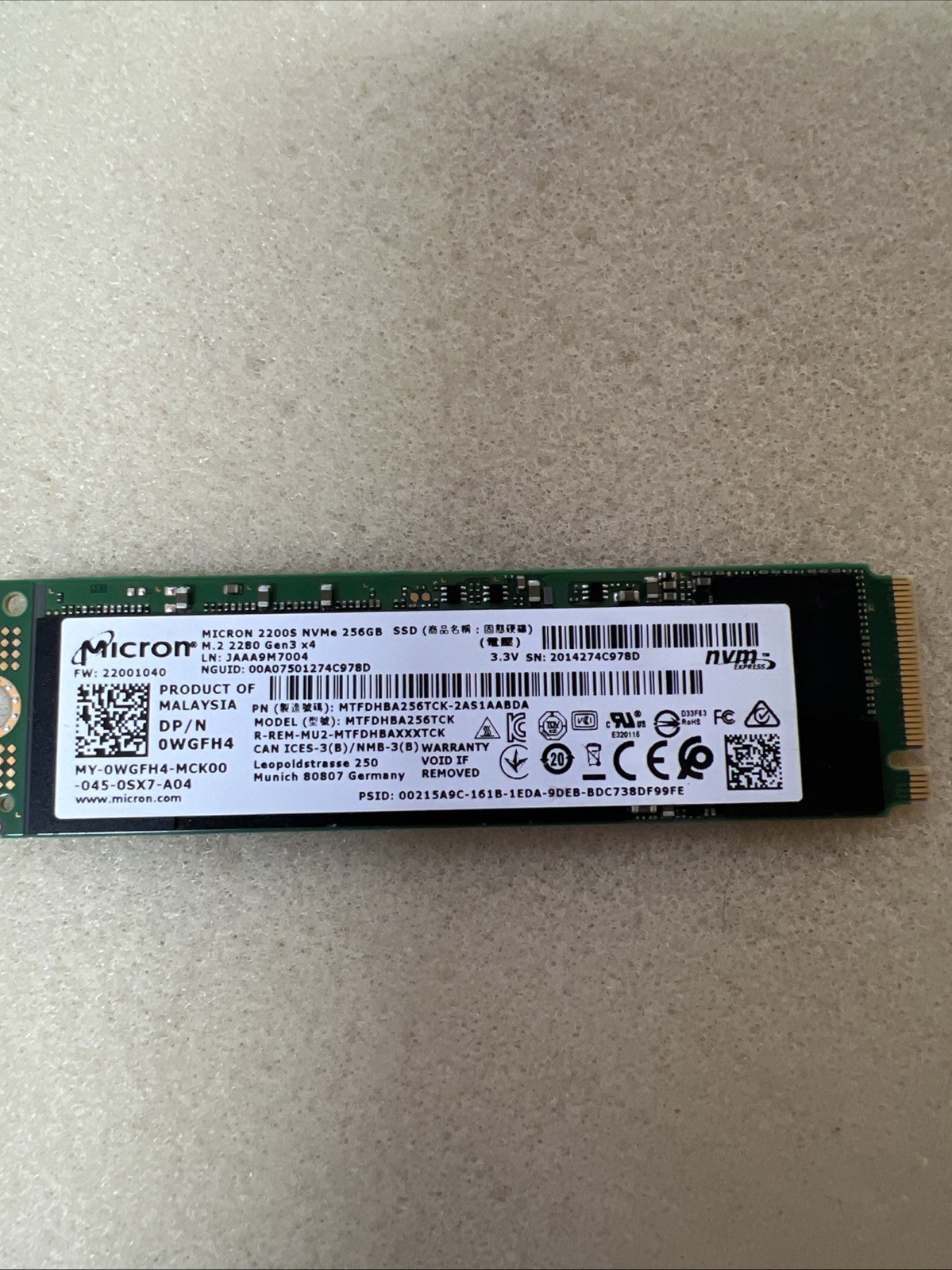Micron 256GB 2200S M.2 2280 NVMe PCIe Gen3 MTFDHBA256TCK Test Working