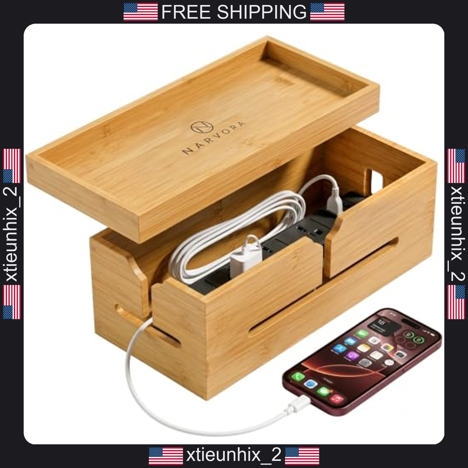 Bamboo Cable Management Box Large 13.4 Inch Wooden Cord Organizer for Desk TV