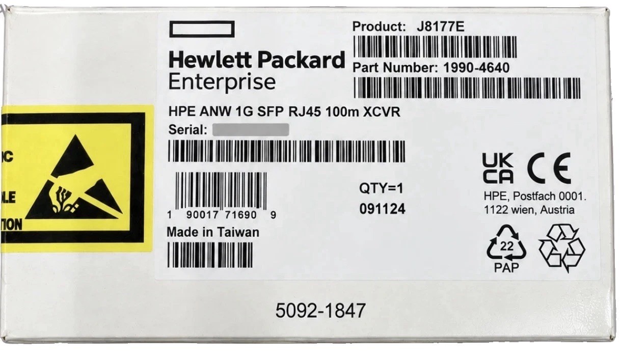 Brand New Sealed HPE  J8177E 1G SFP 1000BASE-T Copper Transceiver – RJ45 100m