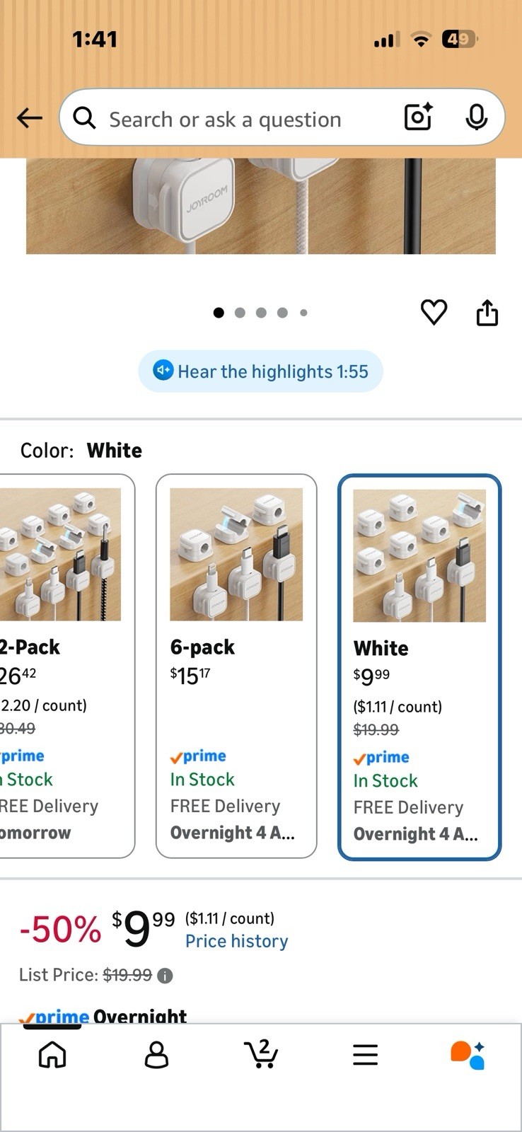 JOYROOM Magnetic Adjustable Reusable Cable Clips, White, 6 Pack