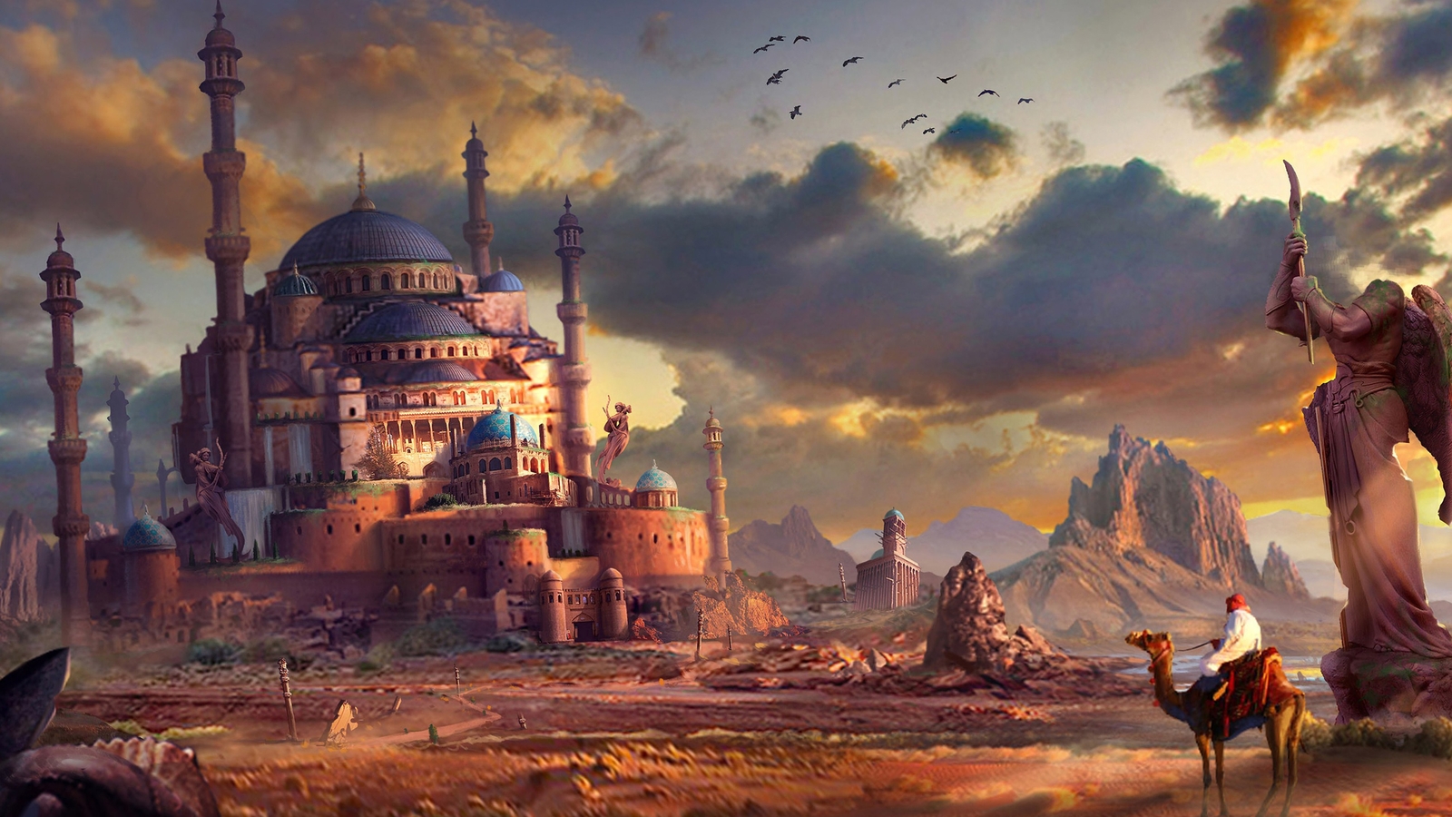 Landscape fantasy art looking into the distance camels Custom Gaming Mat Desk