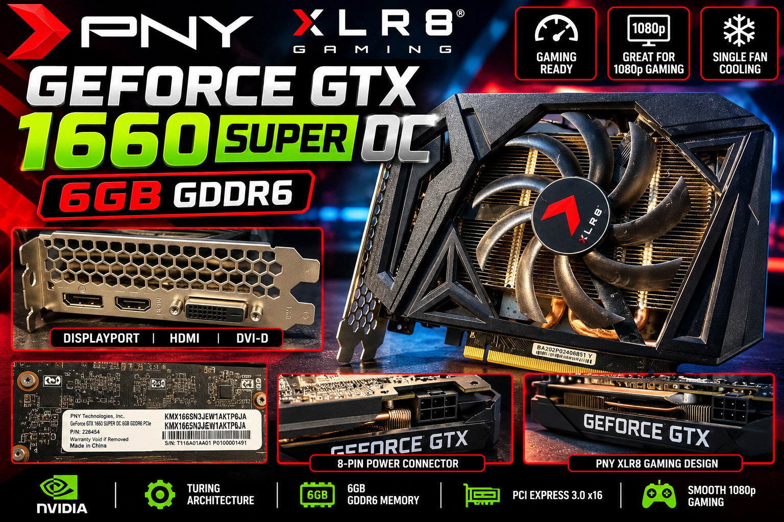 PNY NVIDIA GeForce GTX 1660 Super 6GB GDDR6 XLR8 Graphics Card GPU DVI HDMI DP