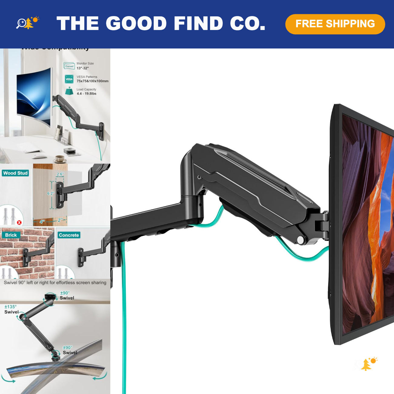 Height Adjustable Full Motion Wall Mount for 13-32" Monitors, VESA 75x75/100x100