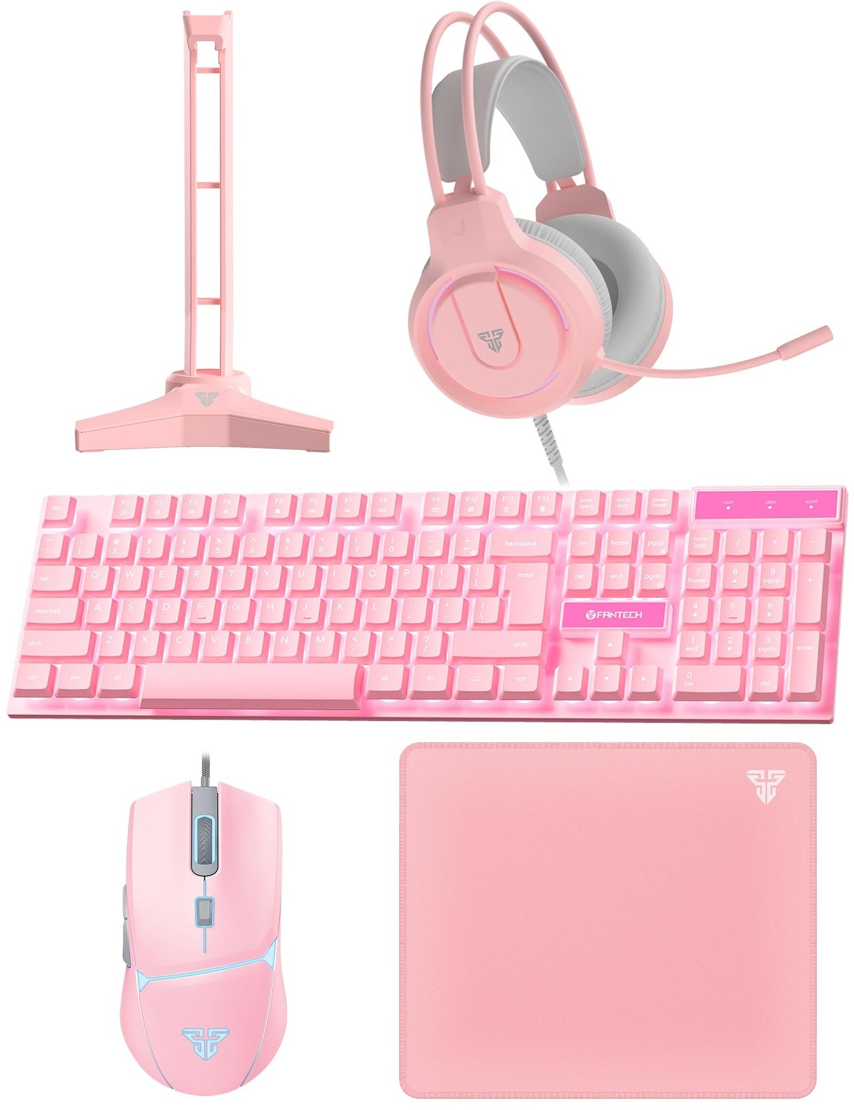 FANTECH P51S 5-in-1 Gaming Bundle: RGB Keyboard Mouse Headset Stand Pad, Pink