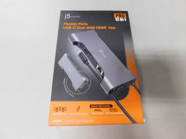 j5create Flexible Ports USB-C Dual 4K60 HDMI Hub JCD367 12 in 1 Gray