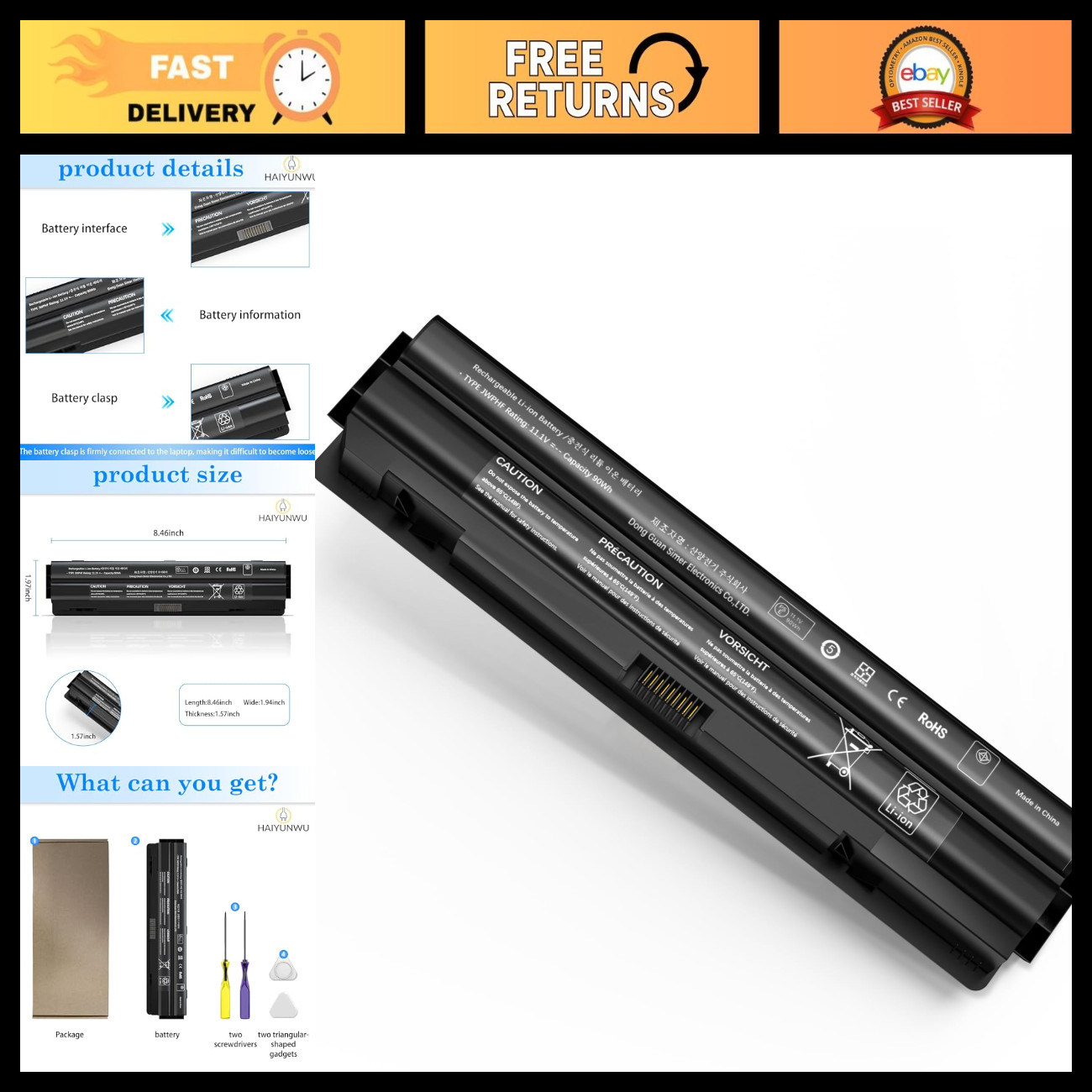 High-Capacity 90Wh Laptop Battery for Dell XPS 17/15/14 - Long-lasting Power