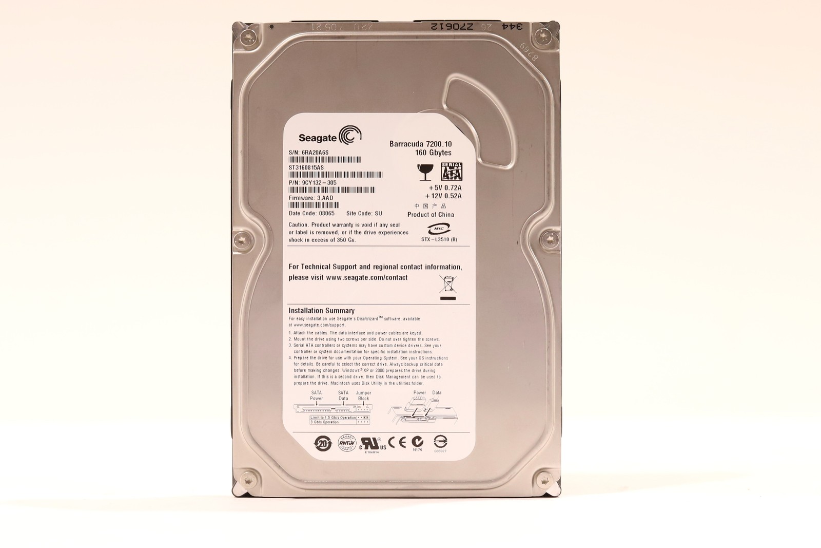 Seagate ST3160815AS 160GB 3.5" 3Gb/s 8MB 7.2K SATA Hard Drive P/N: 9CY132-305
