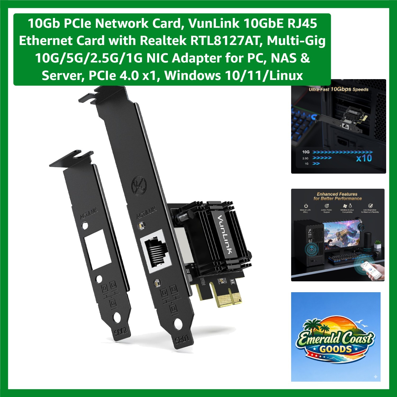 10Gb PCIe Network Card, 10GbE RJ45 Ethernet Card with Realtek , Multi-Gig 10G...