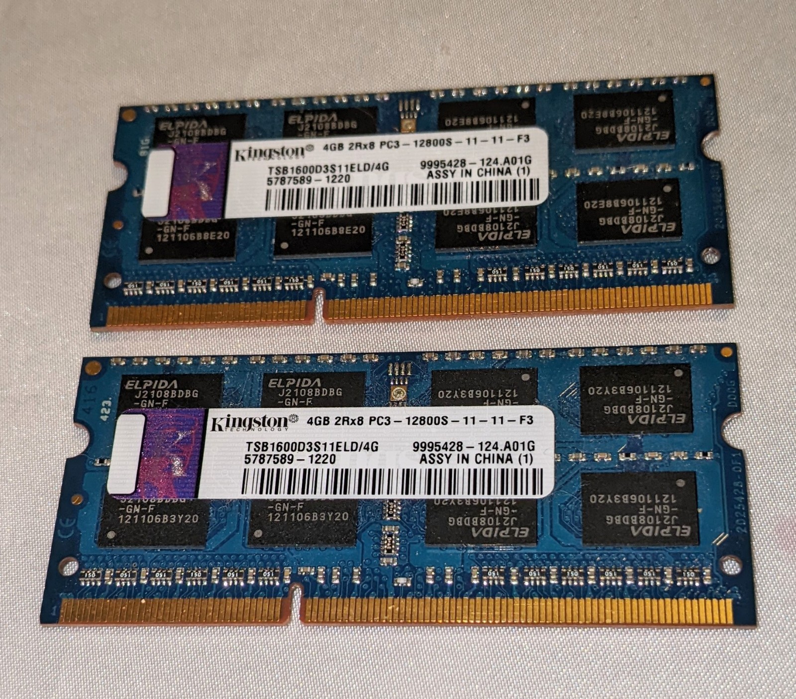 Pair Of Kingston 4GB x1 TSB1600D3S11ELD/4G PC3-12800S SODIMM LAPTOP RAM 204pin