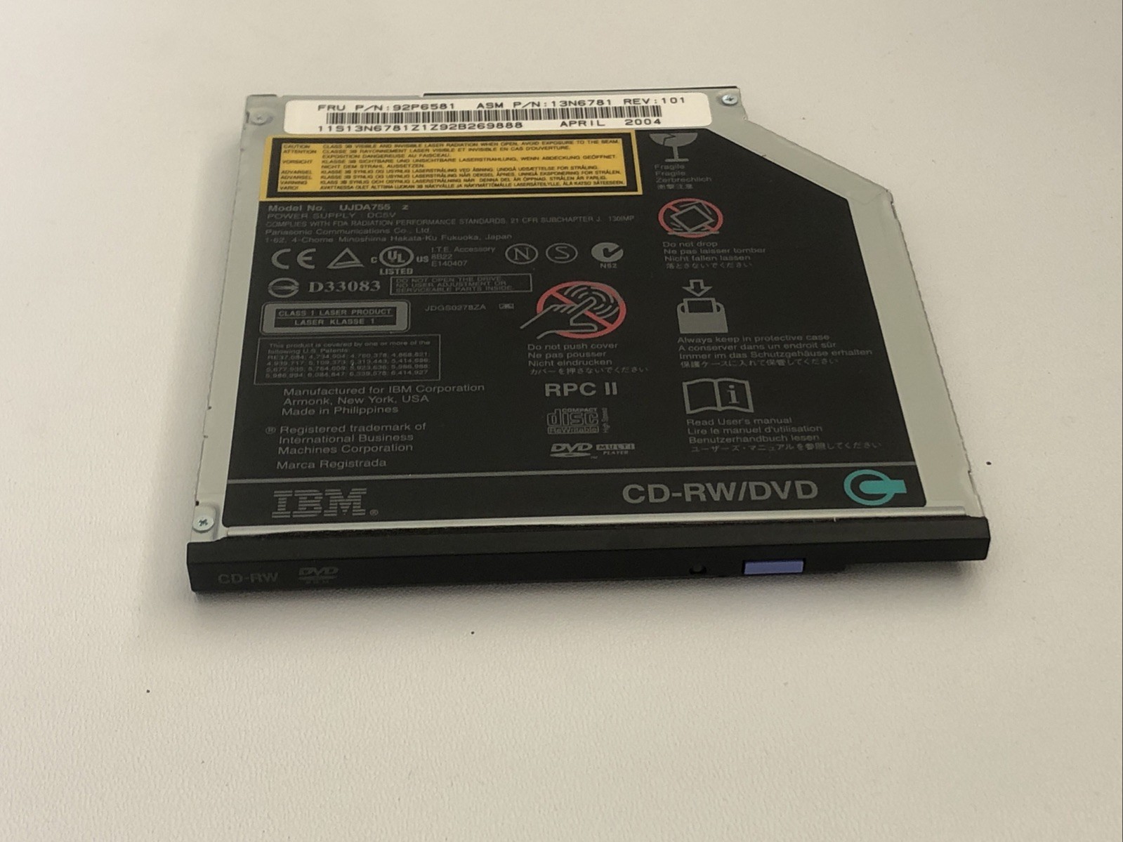 IBM UJDA755 Thinkpad CD-RW/DVD-ROM Combo II Ultrabay Slim Drive PN: 92P6581