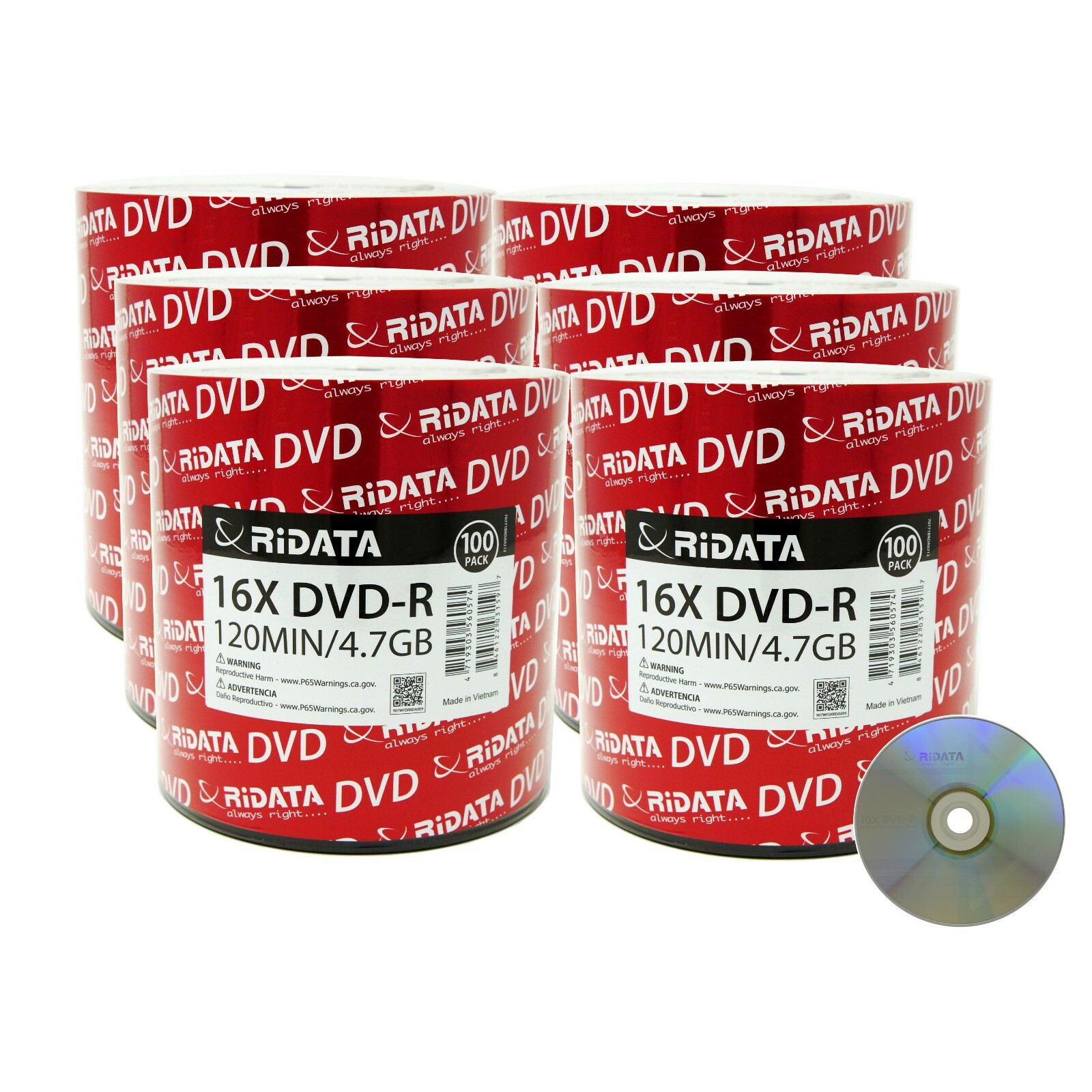 600 Pack Ridata DVD-R 16X 4.7GB 120 Min Silver Logo Top Blank Recordable Disc