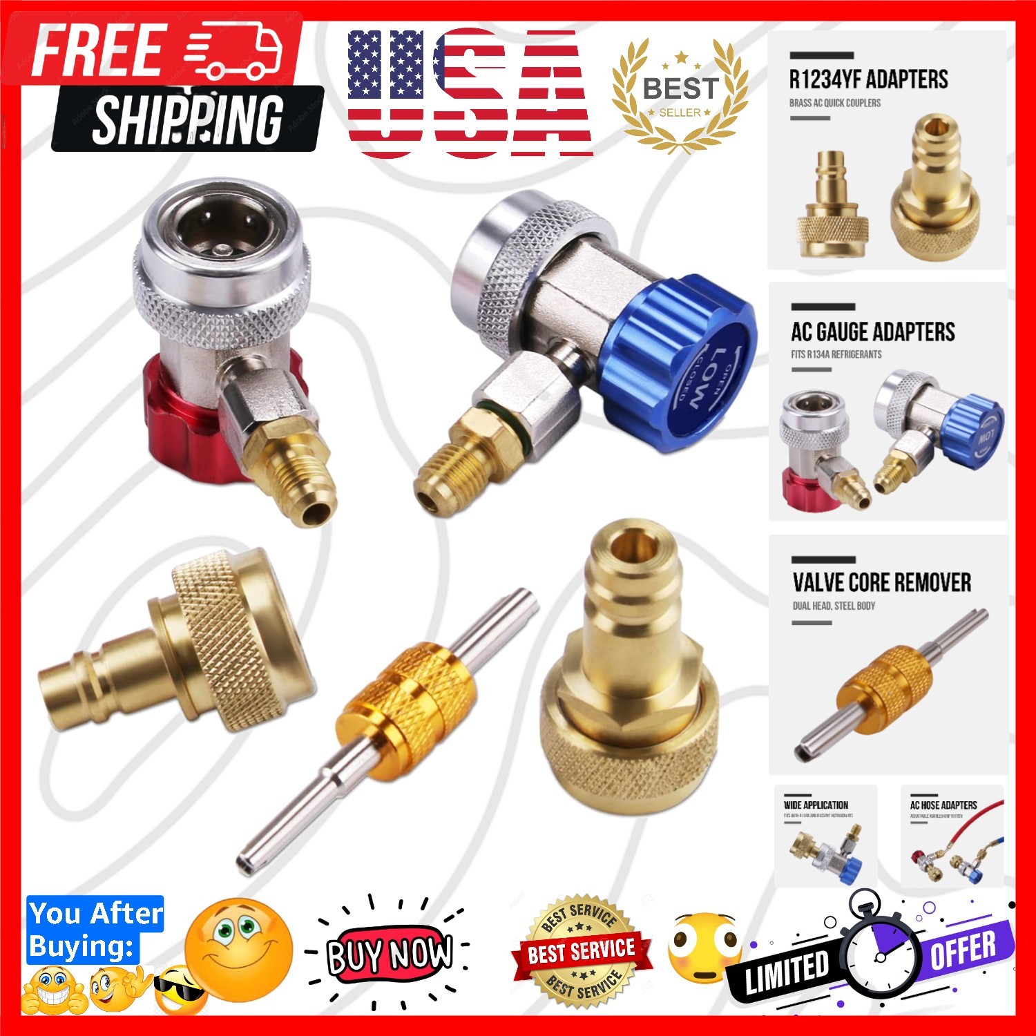 Car A/C R1234YF R134A Adapters, AC R134 R1234 R 134A 1234YF Quick Couplers Co...