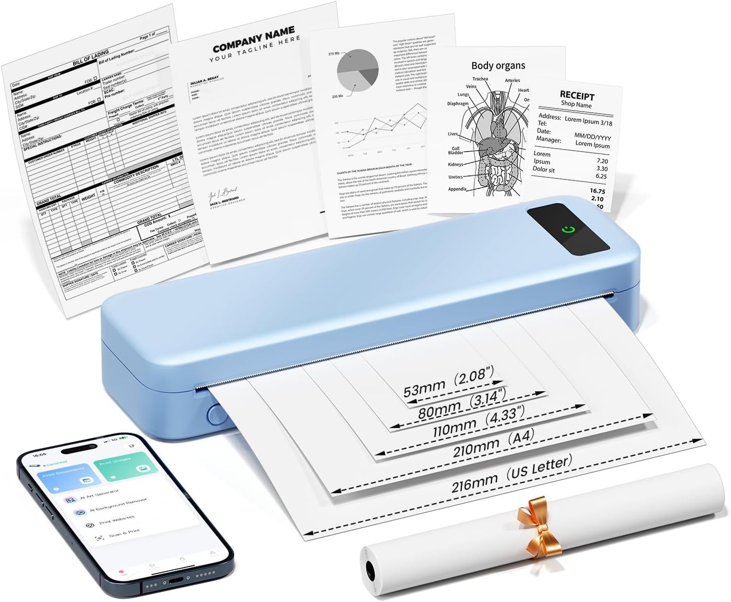 Portable A4 Printer Wireless for Travel, A285M Small Inkless Thermal Printer