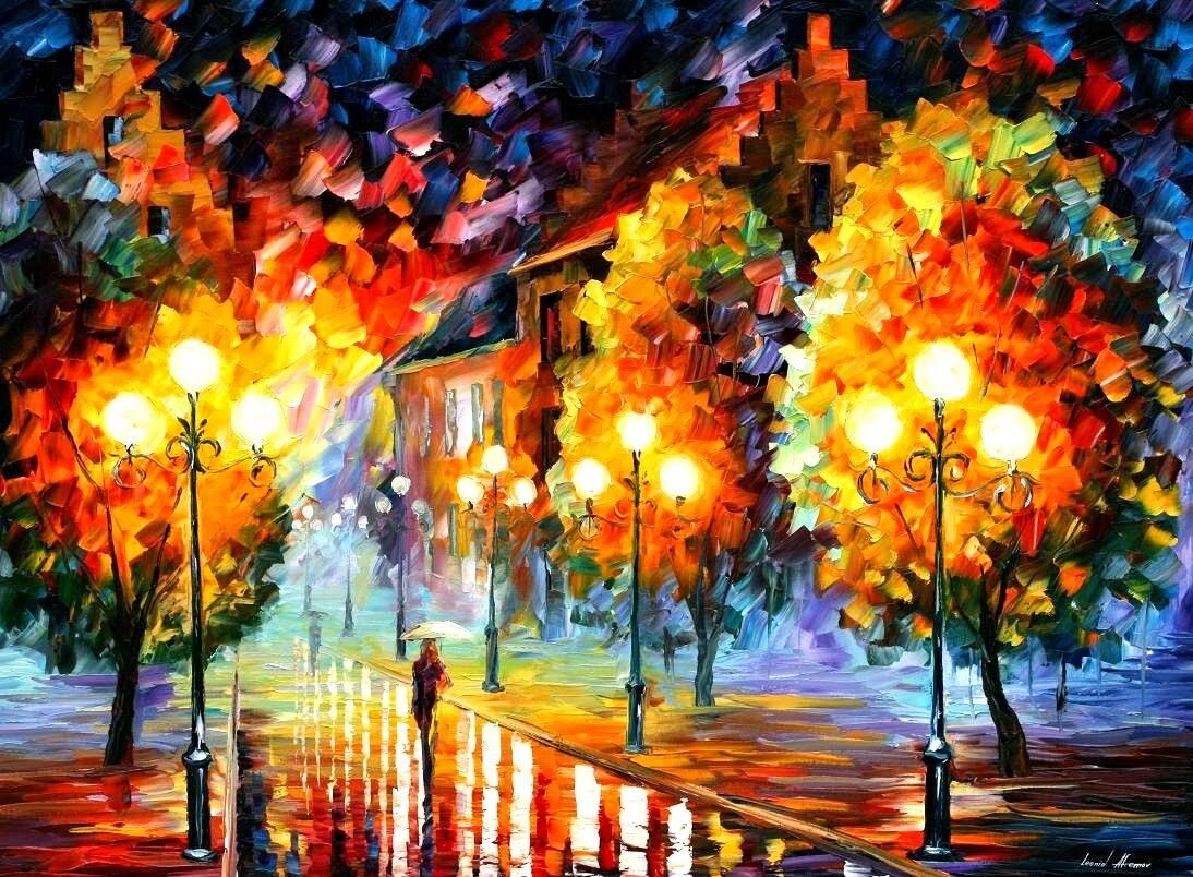 Landscape painting leonid afremov fall rain street light Custom Gaming Mat Desk