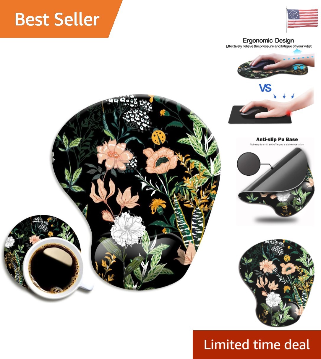 Cute Non-Slip Mouse Pad with Ergonomic Wrist Support - Floral Black 9.4" x 8.3"