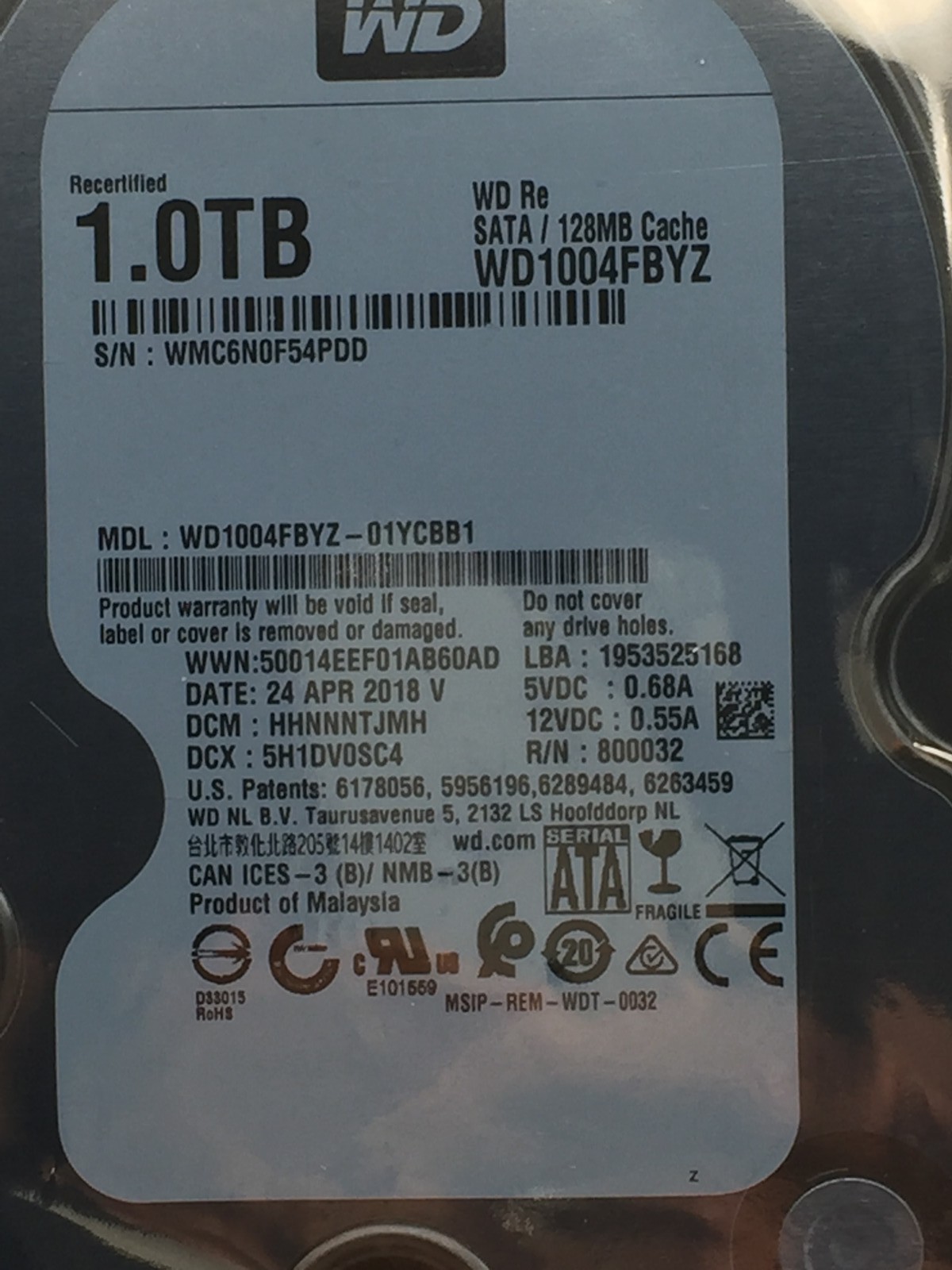 WD RE 1TB 7200 RPM  SATA  3.5" Enterprise HDD (WD1004FBYZ-01YCBB0) Zero Hours