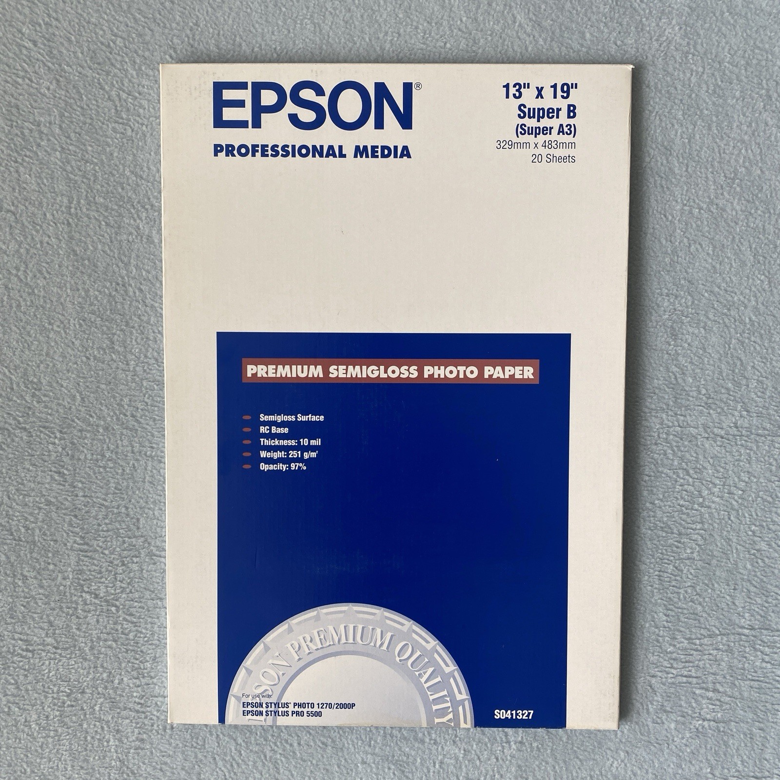 Epson Professional Media Super B 13”x19” S041327  PREMIUM SEMIGLOSS PHOTO PAPER