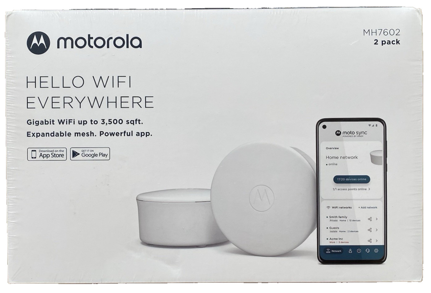 Motorola MH7602 WiFi 6 Router Intelligent Mesh System 2 Units AX1800 Motosync