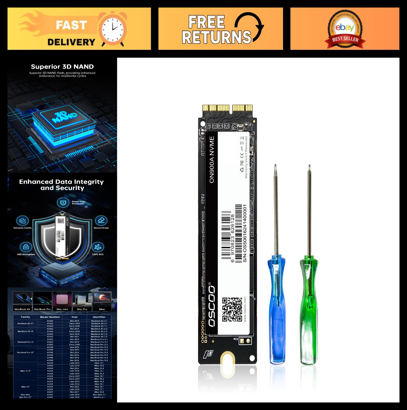 512GB NVMe PCIe Gen3.0x4 Internal SSD - Up to 2100MB/s, Compatible with MacBook