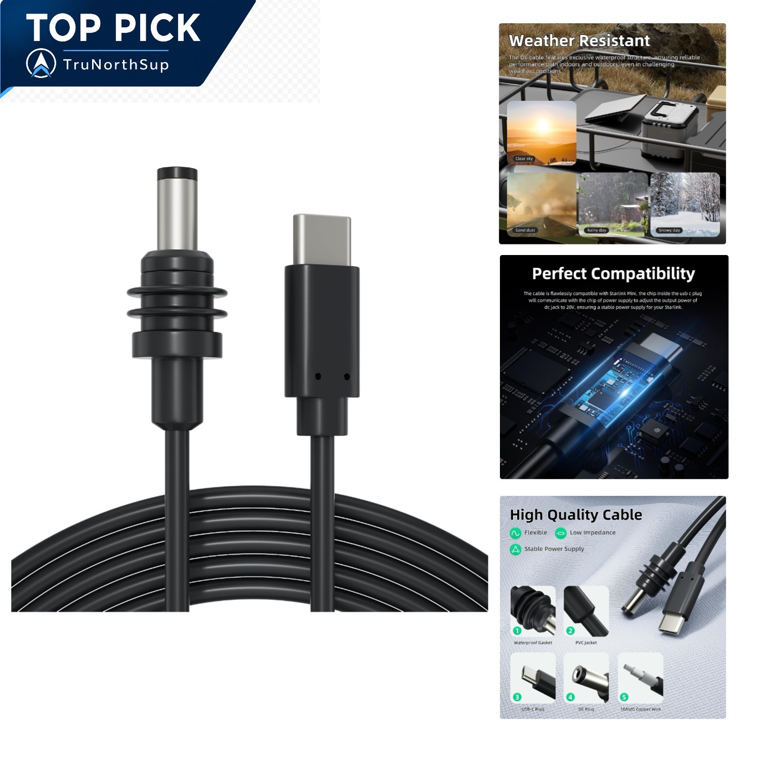 Starlink Mini USB C to DC Power Cable 16.4ft Waterproof 100W for Starlink Dish