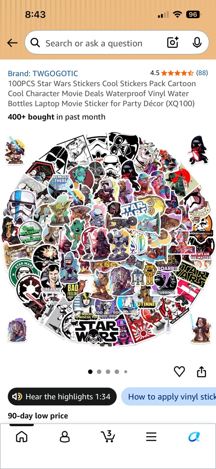 100PCS Star Wars Stickers Cool Pack Cartoon 2-3 inches, Xq100