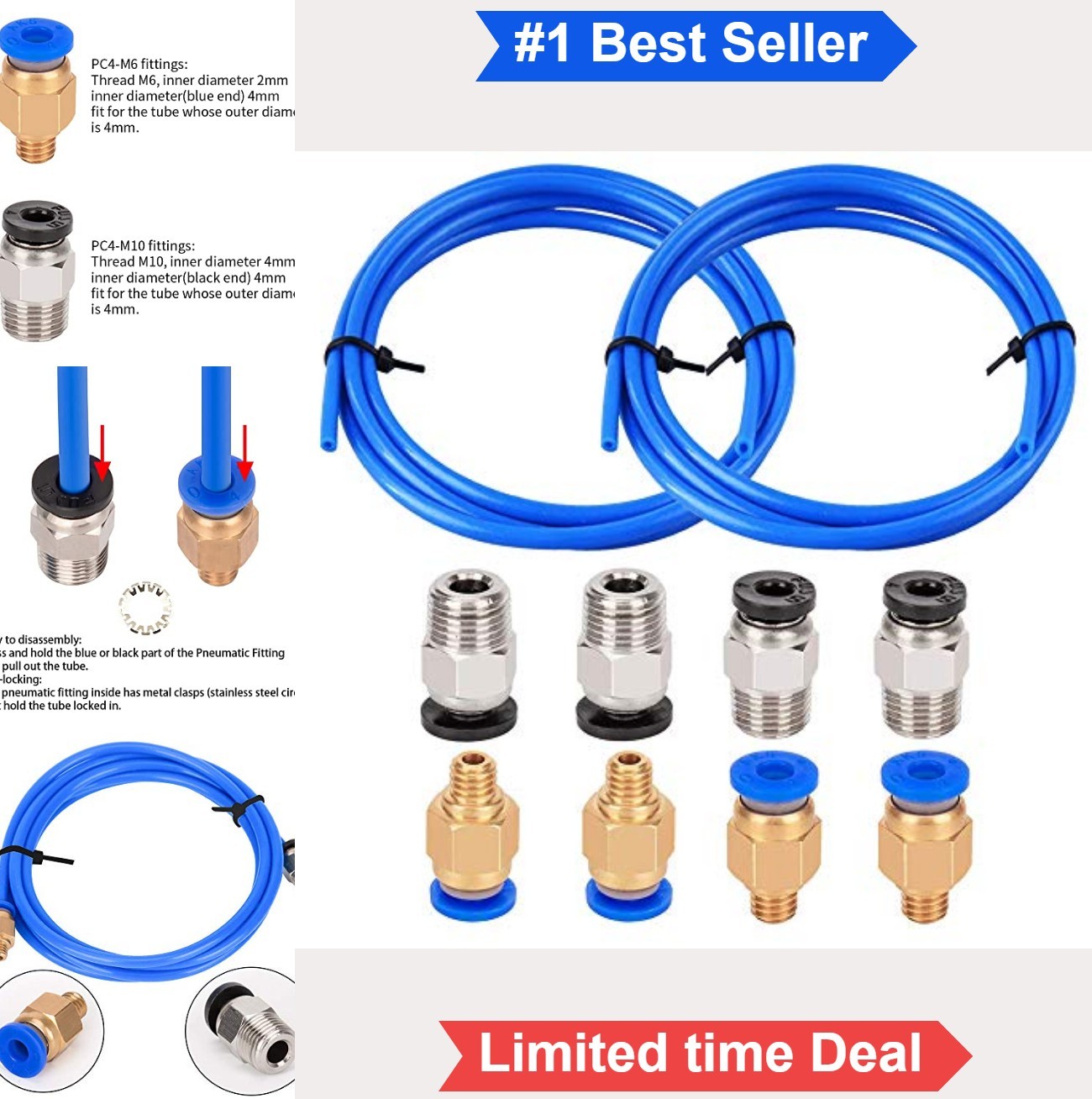 PTFE Bowden Tubing 3D Printer 1.75mm Filament Blue 2x1.5m PC4-M6 PC4-M10