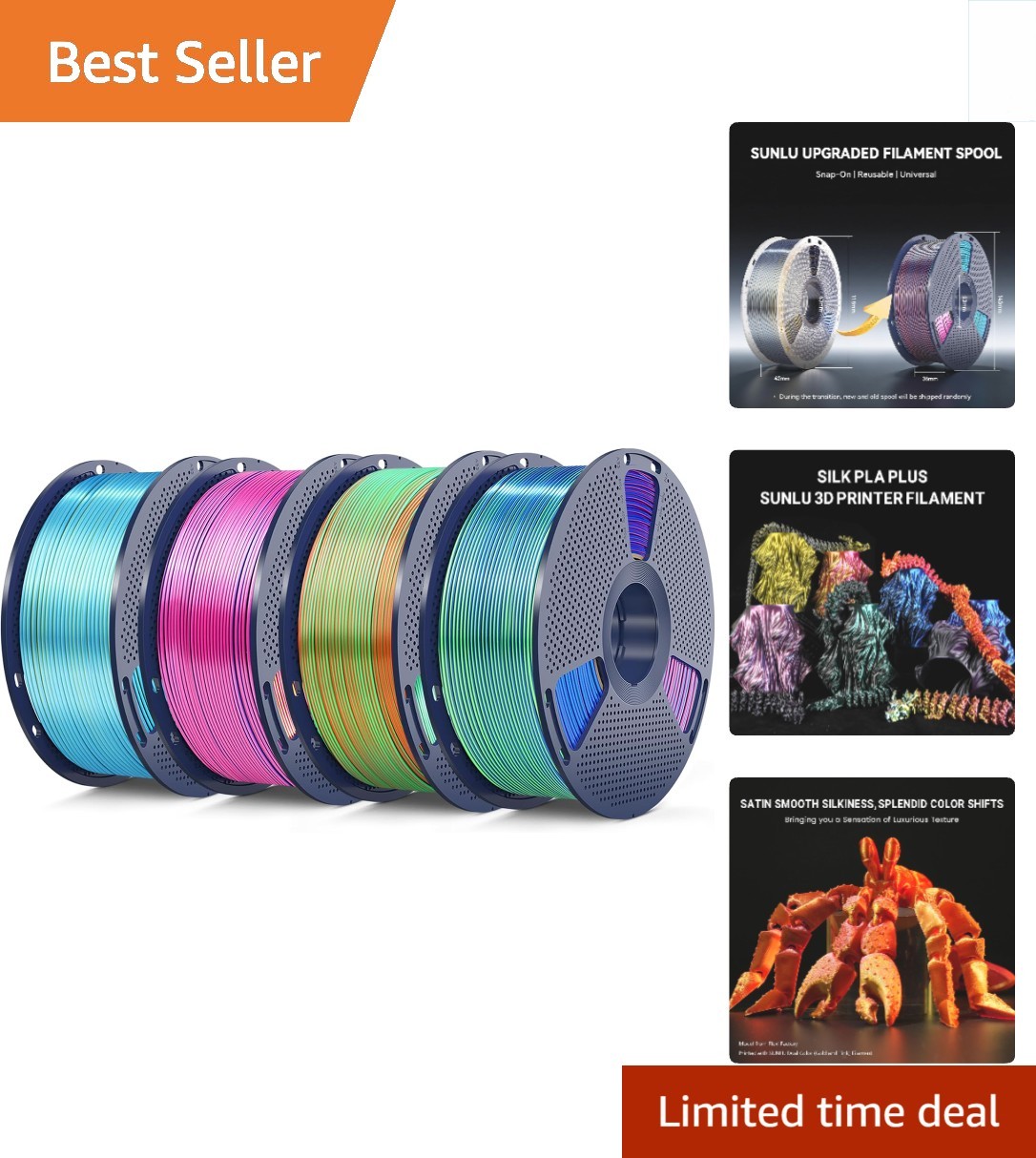 4 Pack of 1KG Triple Color Silk PLA Filament - Durable 3D Printing Material