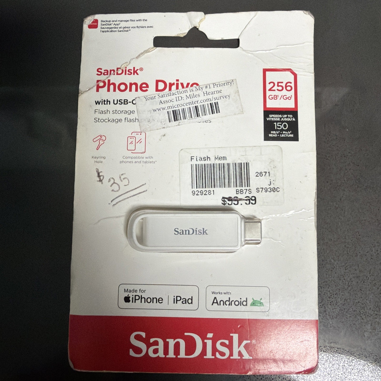 SanDisk Phone Drive Flip 256GB Two In One Flash Drive Apple iPhone Or iPad