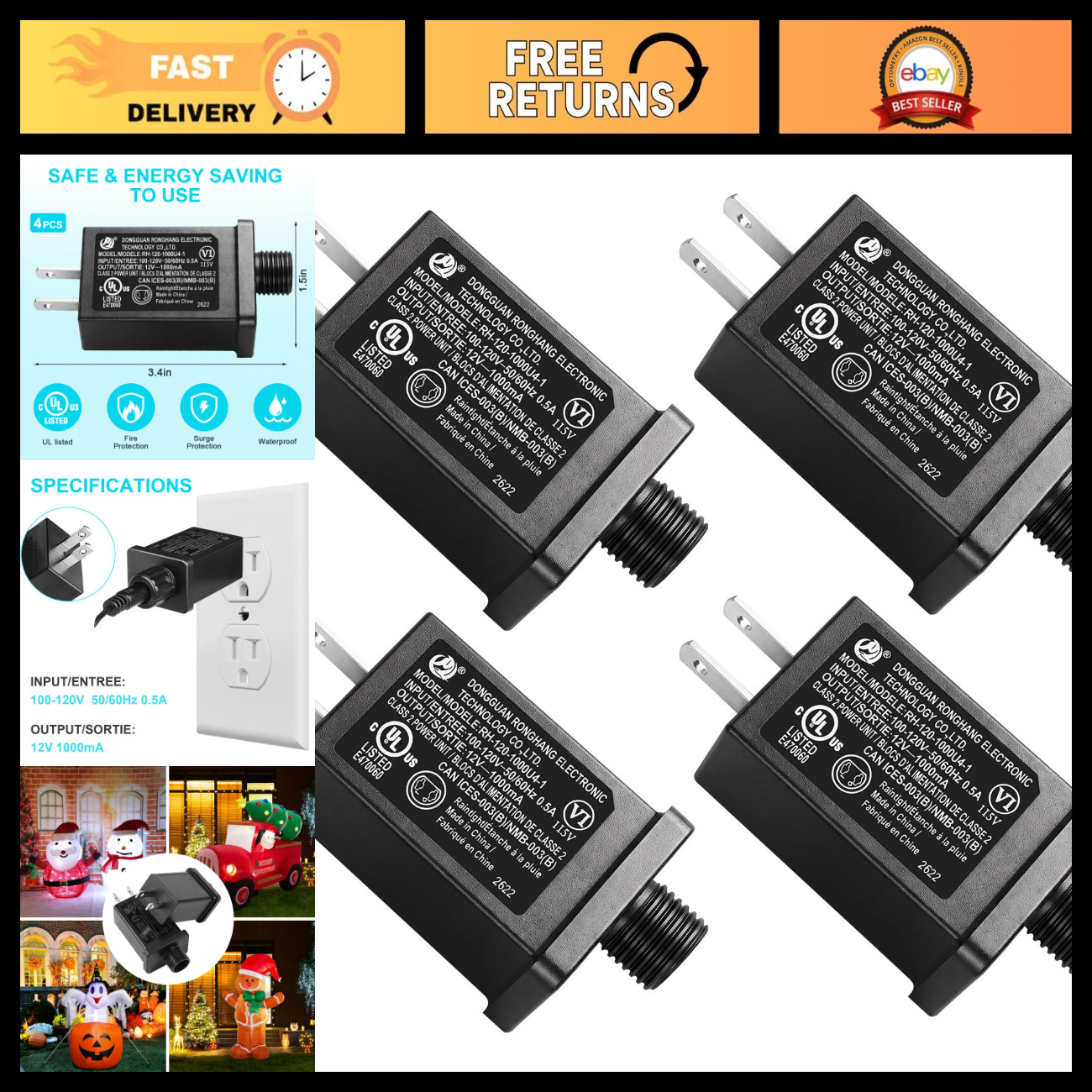 4PCS 12V Power Supply Adapter for Yard Inflatables, LED Lights, Waterproof Trans