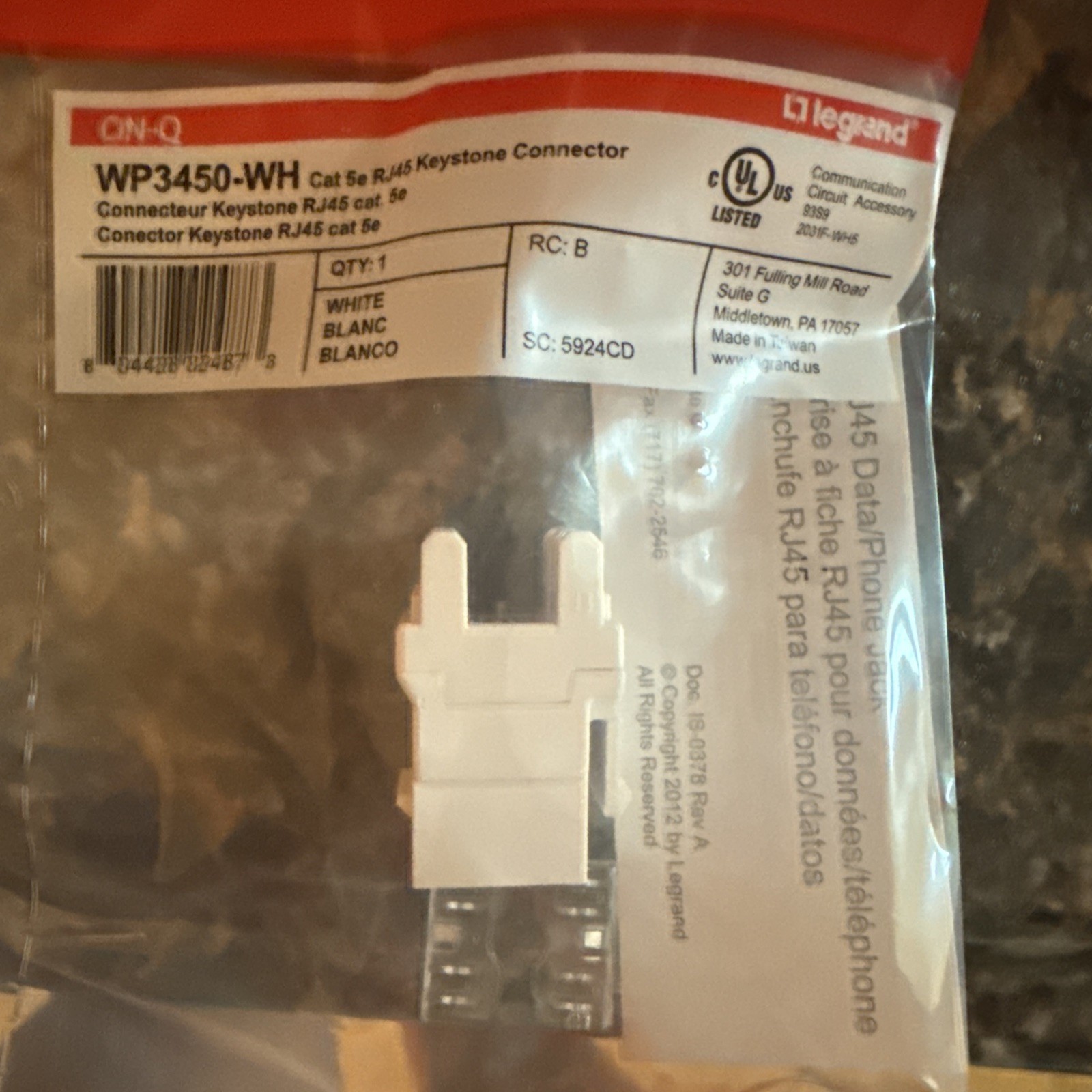 On-Q / Legrand WP3450-WH Category 5e RJ45 Keystone Connector, White